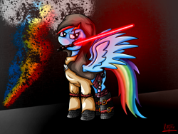 Size: 1024x768 | Tagged: safe, artist:katsu, character:rainbow dash, boots, clothing, crossover, cutie mark, dress, female, lightsaber, pants, scar, sith, solo, star wars