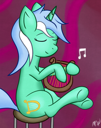 Size: 1210x1527 | Tagged: safe, artist:mostlyponyart, character:lyra heartstrings, eyes closed, female, lyre, music, music notes, sitting, smiling, solo, stool