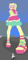Size: 1821x3866 | Tagged: safe, artist:final7darkness, character:bulk biceps, character:fluttershy, episode:friendship through the ages, equestria girls:rainbow rocks, g4, my little pony: equestria girls, my little pony:equestria girls, 60s, city, clothing, feet, folk fluttershy, giantess, macro, open mouth, request, requested art, sandals, skirt