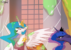 Size: 2047x1447 | Tagged: safe, artist:sakuracheetah, character:princess celestia, character:princess luna, character:smooze, species:alicorn, species:pony, episode:make new friends but keep discord, g4, my little pony: friendship is magic, angry, eyes closed, female, laughing, mare, ooze, open mouth, slime, that was fast