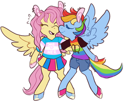 Size: 1024x839 | Tagged: safe, artist:comickit, character:fluttershy, character:rainbow dash, species:pony, ship:flutterdash, bipedal, clothing, converse, female, freckles, gay pride, gender headcanon, lesbian, nuzzling, piercing, pride, pride flag, shipping, shoes, skirt, trans female, transgender, transgender pride flag