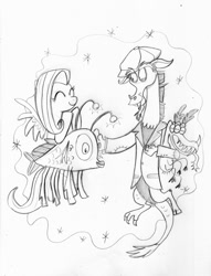Size: 913x1198 | Tagged: safe, artist:praysforaprankster, character:discord, character:fluttershy, ship:discoshy, episode:make new friends but keep discord, g4, my little pony: friendship is magic, female, flish, male, monochrome, monster, shipping, straight