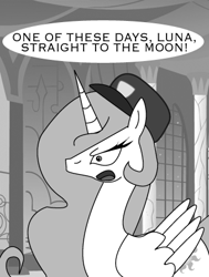 Size: 330x436 | Tagged: safe, artist:sonic-chaos, character:princess celestia, species:alicorn, species:pony, clothing, female, grayscale, hat, monochrome, solo, the honeymooners, to the moon
