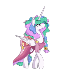 Size: 790x923 | Tagged: safe, artist:spaerk, character:princess celestia, species:alicorn, species:pony, episode:make new friends but keep discord, g4, my little pony: friendship is magic, alternate hairstyle, butterfly, clothing, dress, female, gala dress, mare, mlpgdraws, raised hoof, simple background, smiling, solo, transparent background