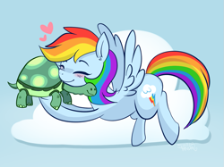 Size: 1071x799 | Tagged: safe, artist:saber-panda, character:rainbow dash, character:tank, episode:tanks for the memories, g4, my little pony: friendship is magic, blushing, cloud, cute, dashabetes, duo, ear fluff, female, heart, male, solo