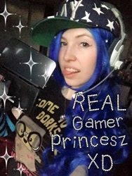 Size: 540x720 | Tagged: safe, artist:littlemissbloo, character:princess luna, species:human, gamer luna, 3ds, headset, irl, irl human, looking at you, photo, solo, sparkles, tongue out