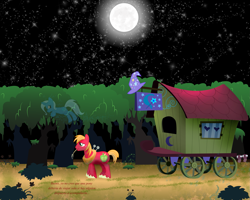 Size: 3125x2500 | Tagged: safe, artist:bigccv, character:big mcintosh, character:trixie, species:earth pony, species:pony, caravan, fanfic art, male, moon, night, shipping, stallion, stars, straight, the empty room, trixie's wagon, trixmac, wagon