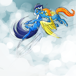 Size: 800x800 | Tagged: safe, artist:nastylady, character:soarin', character:spitfire, species:pegasus, species:pony, ship:soarinfire, cloud, cloudy, duo, eyes closed, female, flying, goggles, heart, kiss on the cheek, kissing, love, male, mare, photoshop, shipping, spread wings, stallion, straight, wings, wonderbolts, wonderbolts uniform