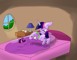 Size: 1280x995 | Tagged: safe, artist:ced75, artist:imsokyo, character:spike, character:twilight sparkle, species:classical unicorn, bed, cloven hooves, colored, daily life of spike, eyes closed, floppy ears, frown, leonine tail, mama twilight, prone, sick, sleeping, smiling, spikelove, thermometer, unshorn fetlocks
