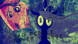 Size: 1366x768 | Tagged: safe, artist:alexstrazse, artist:andreasemiramis, artist:twilightanddashie, character:princess cadance, character:queen chrysalis, species:changeling, disguise, disguised changeling, fake cadance, grunge, quote, vector, wallpaper