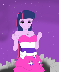 Size: 1700x2091 | Tagged: safe, artist:final7darkness, character:spike, character:twilight sparkle, character:twilight sparkle (alicorn), species:alicorn, species:dog, my little pony:equestria girls, between breasts, breasts, city, clothing, dress, fall formal, fall formal outfits, female, giantess, macro, night, request, requested art, size difference, sky, spike the dog, stars, this is our big night, twilight ball dress