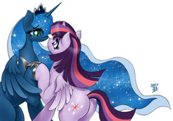 Size: 1200x840 | Tagged: safe, artist:aoi takayuki, edit, character:princess luna, character:twilight sparkle, character:twilight sparkle (alicorn), species:alicorn, species:pony, ship:twiluna, bedroom eyes, eye contact, female, holding hooves, lesbian, looking at each other, mare, pixiv, plot, shipping, simple background, smiling