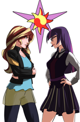 Size: 1191x1814 | Tagged: safe, artist:smilingdogz, character:sunset shimmer, character:twilight sparkle, character:twilight sparkle (scitwi), species:eqg human, species:human, equestria girls:friendship games, g4, my little pony: equestria girls, my little pony:equestria girls, clothing, crossed arms, cutie mark, duo, female, glasses, hand on hip, humanized, looking at each other, simple background, skirt, vest, white background