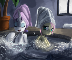 Size: 1025x850 | Tagged: safe, artist:terrac0tta, character:fluttershy, character:rarity, species:pegasus, species:pony, species:unicorn, bath, bubble, eyes closed, jacuzzi, palm tree, potted plant, spa, towel, towel on head, tree