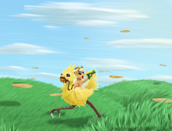Size: 1880x1440 | Tagged: safe, artist:sonicrainboom93, character:applejack, species:bird, chocobo, crossover, duo, female, final fantasy, maple syrup, riding, waffle, wat, water pistol