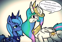 Size: 2446x1689 | Tagged: safe, artist:wirelesspony, character:princess celestia, character:princess luna, bad joke, curved horn, eye contact, frown, glare, grin, poor taste, pun, s1 luna, smiling, too soon, unamused