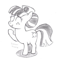 Size: 859x929 | Tagged: safe, artist:drchrisman, character:nurse sweetheart, species:pony, eyes closed, female, mare, monochrome, simple background, sketch, smiling, solo, traditional art, white background