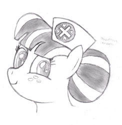 Size: 883x905 | Tagged: safe, artist:drchrisman, character:nurse sweetheart, species:pony, female, mare, monochrome, simple background, sketch, smiling, solo, traditional art, white background