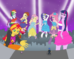 Size: 1957x1567 | Tagged: safe, artist:final7darkness, character:applejack, character:flash sentry, character:fluttershy, character:pinkie pie, character:rainbow dash, character:rarity, character:spike, character:sunset shimmer, character:twilight sparkle, character:twilight sparkle (alicorn), species:alicorn, species:dog, ship:flashimmer, ship:flashlight, ship:sunsetspike, equestria girls:rainbow rocks, g4, my little pony: equestria girls, my little pony:equestria girls, armpits, attack on pony, attack on titan, city, clothing, dancing, dress, fall formal, fall formal outfits, female, giantess, humane seven, lights, macro, male, night, request, requested art, shipping, shoes, sky, spike the dog, stars, straight, suit, this is our big night, tuxedo