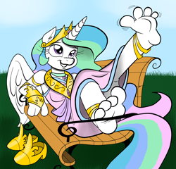 Size: 1280x1227 | Tagged: safe, artist:ced75, artist:kuroi-wolf, character:princess celestia, species:alicorn, species:anthro, species:plantigrade anthro, species:pony, anklet, barefoot, cute, cutelestia, feet, female, foot focus, happy, praise the sun, soles, solo, toes, true love princesses, wiggling