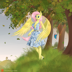 Size: 2450x2450 | Tagged: safe, artist:kasaler, character:discord, character:fluttershy, species:anthro, species:pegasus, species:plantigrade anthro, species:pony, breasts, busty fluttershy, butterfly, cleavage, clothing, dress, female, high heels, shoes, solo