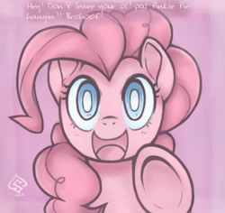Size: 583x550 | Tagged: dead source, safe, artist:soulspade, part of a set, character:pinkie pie, cute, diapinkes, female, fourth wall, hoofbump, pink, smiling, solo, text, underhoof
