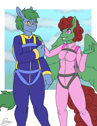 Size: 1023x1324 | Tagged: safe, artist:rozga, oc, oc only, oc:software patch, oc:windcatcher, species:anthro, blushing, clothing, couple, glasses, height difference, jumpsuit, parachute, windpatch