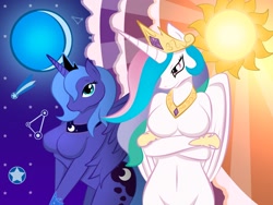Size: 1920x1440 | Tagged: safe, artist:whitmaverick, character:princess celestia, character:princess luna, species:alicorn, species:anthro, species:pony, species:unguligrade anthro, g4, arm hooves, barbie doll anatomy, breasts, curvy, featureless breasts, female, s1 luna