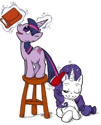 Size: 644x800 | Tagged: safe, artist:norithecat, character:rarity, character:twilight sparkle, book, brushing, filly, smiling, stool, telekinesis