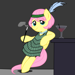 Size: 945x945 | Tagged: safe, artist:ced75, artist:megasweet, character:fluttershy, alternate hairstyle, bipedal, bipedal leaning, cigarette, cigarette holder, drink, feather in hair, female, flapper, headband, leaning, smoking, solo