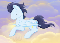 Size: 1200x857 | Tagged: safe, artist:raininess, character:soarin', cloud, cloudy, eyes closed, male, old cutie mark, prone, sleeping, solo