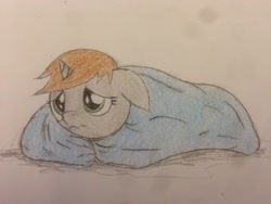 Size: 3264x2448 | Tagged: safe, artist:professionalpuppy, oc, oc only, oc:littlepip, species:pony, species:unicorn, fallout equestria, blanket, cold, cute, diabetes, fanfic, fanfic art, female, horn, mare, pipabetes, simple background, solo, traditional art, white background