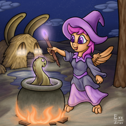 Size: 1536x1536 | Tagged: safe, artist:exedrus, character:scootaloo, species:anthro, species:pegasus, species:pony, cauldron, clothing, desert, fire, hat, magic, night, witch, witch hat