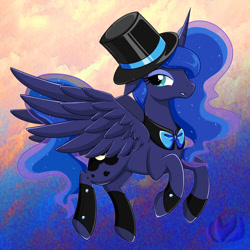 Size: 800x800 | Tagged: safe, artist:raininess, character:princess luna, species:alicorn, species:pony, bow tie, classy, clothing, cute, female, hat, looking at you, mare, smiling, solo, top hat