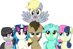 Size: 7041x4761 | Tagged: safe, artist:firestorm-can, character:bon bon, character:derpy hooves, character:dj pon-3, character:doctor whooves, character:lyra heartstrings, character:octavia melody, character:sweetie drops, character:time turner, character:vinyl scratch, species:earth pony, species:pegasus, species:pony, species:unicorn, absurd resolution, background pony, background six, bow tie, female, hooves, horn, male, mare, open mouth, simple background, smiling, spread wings, stallion, sunglasses, transparent background, vector, wings