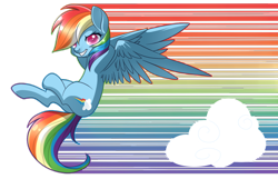Size: 900x581 | Tagged: safe, artist:haydee, character:rainbow dash, species:pegasus, species:pony, cloud, female, hooves behind head, looking at you, mare, simple background, solo