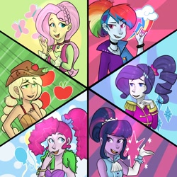 Size: 1280x1280 | Tagged: safe, artist:goshhhh, character:applejack, character:fluttershy, character:pinkie pie, character:rainbow dash, character:rarity, character:twilight sparkle, episode:friendship through the ages, g4, my little pony: equestria girls, my little pony:equestria girls, country applejack, devil horn (gesture), folk fluttershy, humane five, humane six, new wave pinkie, piercing, rainbow punk, rockin' hair, sgt. rarity, sleeveless