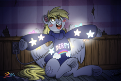 Size: 2700x1800 | Tagged: safe, artist:prismspark, character:derpy hooves, species:pegasus, species:pony, blush sticker, blushing, braces, clothing, crossover, cute, dawwww, electrical outlet, female, frog (hoof), gravity falls, lights, mabel pines, mail, mare, plug, sitting, smiling, solo, sonic screwdriver, spread wings, sweater, underhoof, us plug, wings