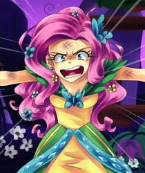 Size: 677x806 | Tagged: safe, artist:semehammer, character:fluttershy, species:human, episode:the best night ever, g4, my little pony: friendship is magic, clothing, dress, female, flower, flower in hair, flutterrage, gala dress, humanized, open mouth, rage, scene interpretation, solo, you're going to love me
