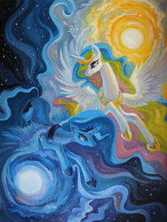 Size: 1234x1640 | Tagged: safe, artist:erinliona, character:princess celestia, character:princess luna, canvas, duality, flying, long mane, moon, night, oil painting, painting, photo, royal sisters, spread wings, stars, sun, traditional art, wings