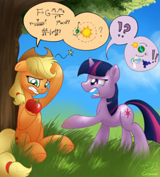Size: 1447x1600 | Tagged: safe, artist:conicer, artist:elyonblade, character:applejack, character:princess celestia, character:princess luna, character:twilight sparkle, character:twilight sparkle (unicorn), species:earth pony, species:pony, species:unicorn, apple, argument, collaboration, confused, dialogue, differential equation, duo, earth, fancy mathematics, female, floppy ears, formula, frown, geocentric theory, grass, gravity, gritted teeth, heliocentric theory, heresy, isaac newton, law of gravity, mare, math, moon, open mouth, pain, parody, physics, pictogram, science, sir isaac newton, sitting, speech bubble, sun, tree, under the tree