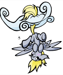 Size: 2435x2883 | Tagged: safe, artist:bronycurious, character:derpy hooves, species:pegasus, species:pony, cloud, female, hanging, simple background, solo, transparent background