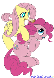 Size: 1200x1725 | Tagged: safe, artist:aoi takayuki, artist:whitecloud72988, character:fluttershy, character:pinkie pie, ship:flutterpie, brush, brushie, female, lesbian, shipping