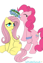 Size: 1200x1734 | Tagged: safe, artist:aoi takayuki, artist:whitecloud72988, character:fluttershy, character:pinkie pie, ship:flutterpie, female, floral head wreath, lesbian, mouth hold, shipping