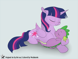 Size: 4500x3375 | Tagged: safe, artist:bri-sta, artist:wodahseht, character:spike, character:twilight sparkle, character:twilight sparkle (alicorn), species:alicorn, species:dragon, species:pony, baby, baby dragon, color edit, colored, cuddling, cute, cutie mark, eyes closed, female, folded wings, horn, male, mama twilight, mare, prone, signature, simple background, sleeping, smiling, spikabetes, spikelove, weapons-grade cute, white background, wings