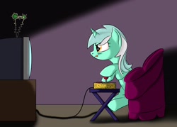 Size: 1056x756 | Tagged: safe, artist:lifesharbinger, character:lyra heartstrings, arcade stick, blep, chair, controller, female, gamer, gamer lyra, glare, hoof hold, joystick, sitting, smirk, solo, television, tongue out, video game