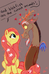 Size: 2000x3000 | Tagged: safe, artist:praysforaprankster, character:discord, character:fluttershy, ship:discoshy, blobfish, dialogue, female, heart, looking at each other, male, profile, shipping, speech bubble, straight