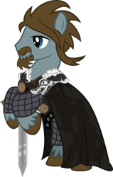 Size: 478x751 | Tagged: safe, artist:xenoneal, oc, oc only, oc:framerate, species:earth pony, species:pony, .svg available, clothing, cosplay, costume, eddard stark, game of thrones, leaning, male, ned stark, ponified, simple background, solo, stallion, svg, sword, transparent background, vector, weapon, winter is coming