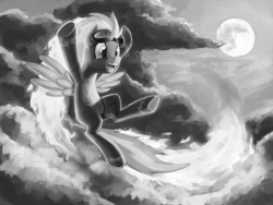 Size: 1600x1200 | Tagged: safe, artist:ligerstorm, character:spitfire, cloud, cloudy, crying, female, fire, flying, mane on fire, monochrome, moon, solo, spitfiery, tears of joy, wonderbolts uniform