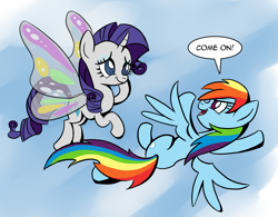 Size: 2159x1684 | Tagged: safe, artist:bronycurious, character:rainbow dash, character:rarity, species:pegasus, species:pony, species:unicorn, g4, my little pony: friendship is magic, artificial wings, augmented, duo, female, flying, gossamer wings, magic, magic wings, mare, wings